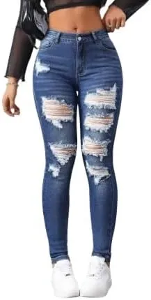 Women's High-Waisted Skinny Distressed Denim Jeans - Dark Wash, Casual Fitted Style with Ripped Details