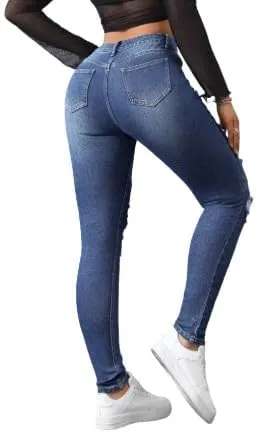 Women's High-Waisted Skinny Distressed Denim Jeans - Dark Wash, Casual Fitted Style with Ripped Details