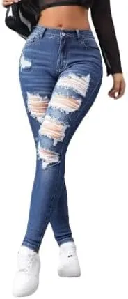 Women's High-Waisted Skinny Distressed Denim Jeans - Dark Wash, Casual Fitted Style with Ripped Details