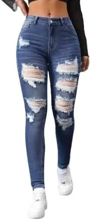 Women's High-Waisted Skinny Distressed Denim Jeans - Dark Wash, Casual Fitted Style with Ripped Details