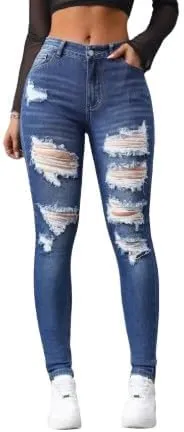 Women's High-Waisted Skinny Distressed Denim Jeans - Dark Wash, Casual Fitted Style with Ripped Details