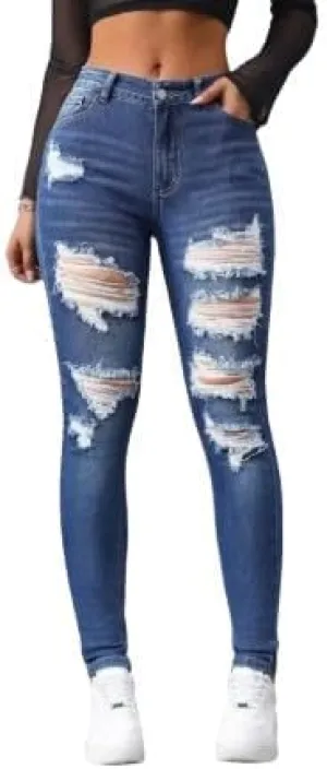 Women's High-Waisted Skinny Distressed Denim Jeans - Dark Wash, Casual Fitted Style with Ripped Details