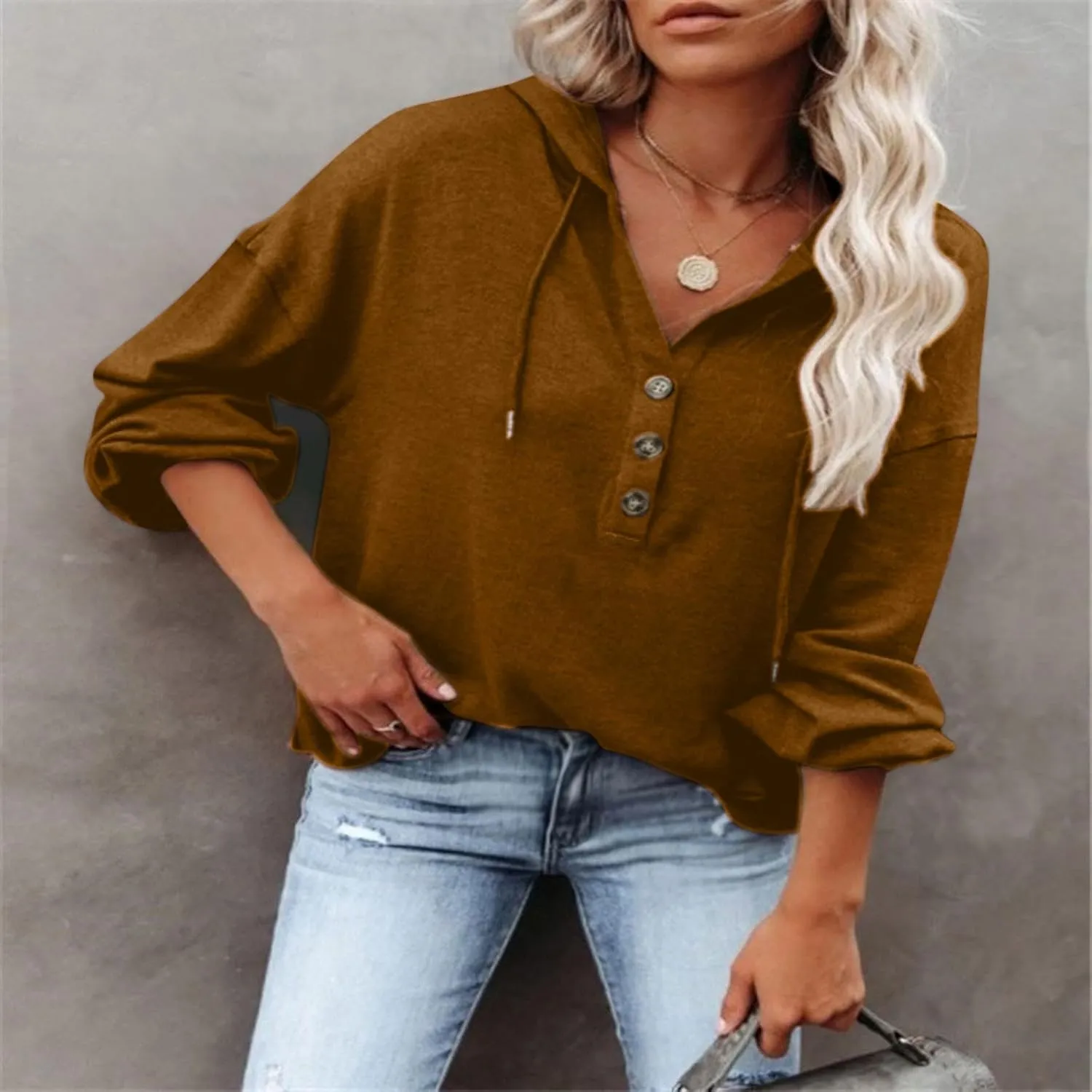 Womens Hooded Button Collar Drawstring Hoodies Pullover Sweatshirts Casual Long Sleeve Solid Color Fall Top Shirts