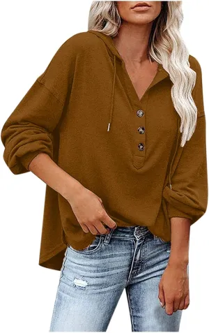 Womens Hooded Button Collar Drawstring Hoodies Pullover Sweatshirts Casual Long Sleeve Solid Color Fall Top Shirts