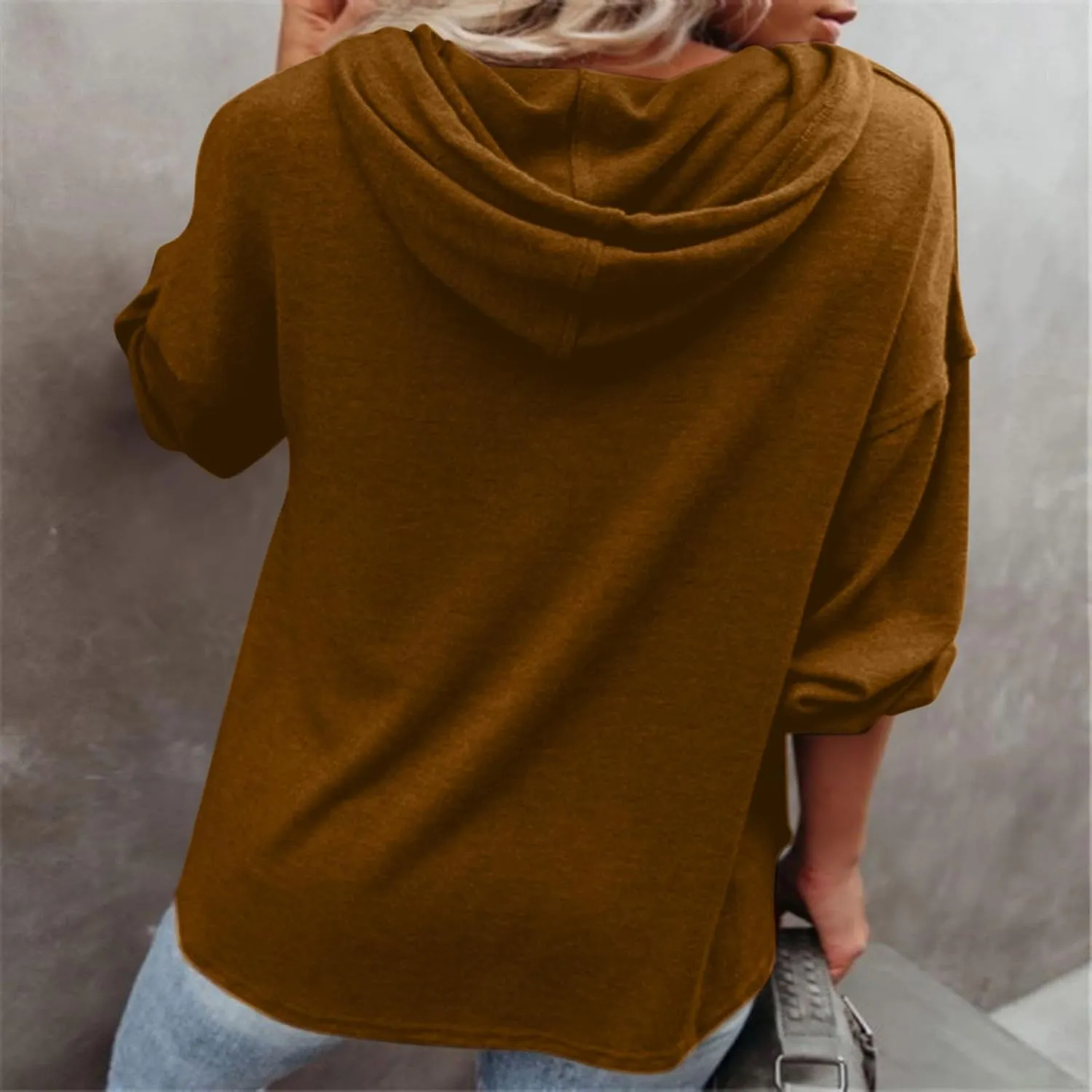 Womens Hooded Button Collar Drawstring Hoodies Pullover Sweatshirts Casual Long Sleeve Solid Color Fall Top Shirts