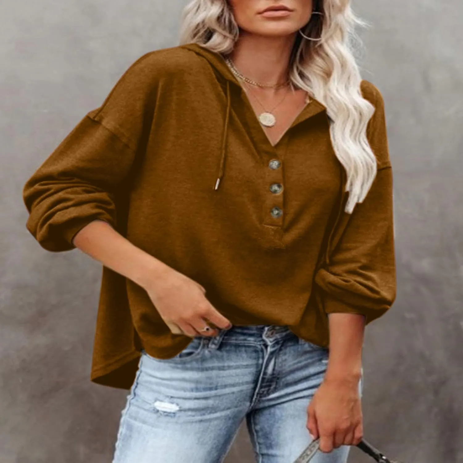 Womens Hooded Button Collar Drawstring Hoodies Pullover Sweatshirts Casual Long Sleeve Solid Color Fall Top Shirts