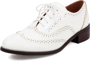 Women's Lace Up Chunky Heel Oxford Wingtip Brogue Formal Business Low Heel Flats Comfortable Dress Shoes Vintage Round Toe Pumps
