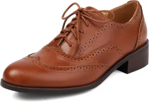 Women's Lace Up Chunky Heel Oxford Wingtip Brogue Formal Business Low Heel Flats Comfortable Dress Shoes Vintage Round Toe Pumps