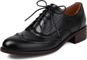 Women's Lace Up Chunky Heel Oxford Wingtip Brogue Formal Business Low Heel Flats Comfortable Dress Shoes Vintage Round Toe Pumps