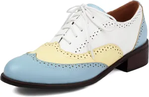 Women's Lace Up Chunky Heel Oxford Wingtip Brogue Formal Business Low Heel Flats Comfortable Dress Shoes Vintage Round Toe Pumps