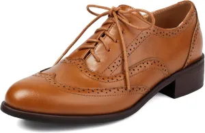 Women's Lace Up Chunky Heel Oxford Wingtip Brogue Formal Business Low Heel Flats Comfortable Dress Shoes Vintage Round Toe Pumps