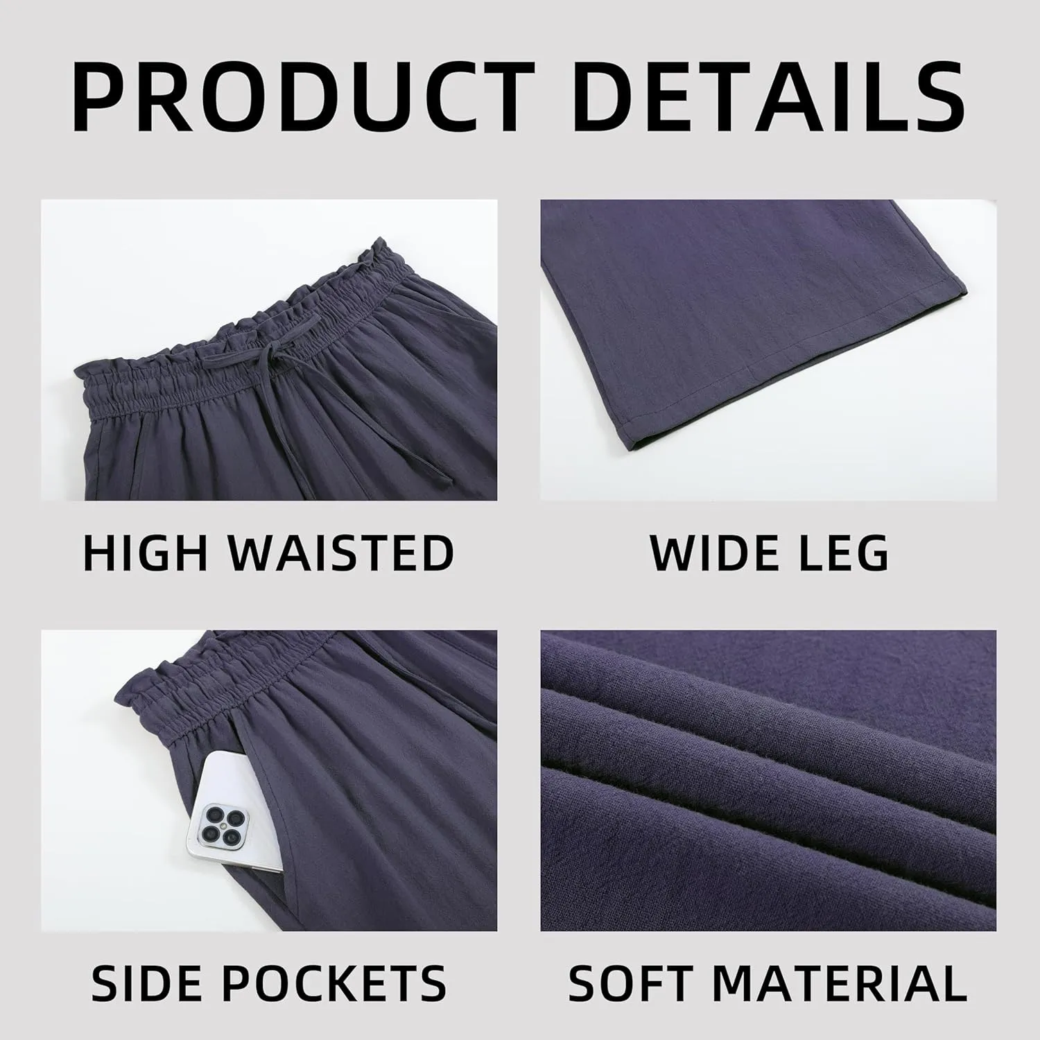 Womens Linen Pants Wide Leg High Waisted Drawstring Casual Flowy Pants with Pockets