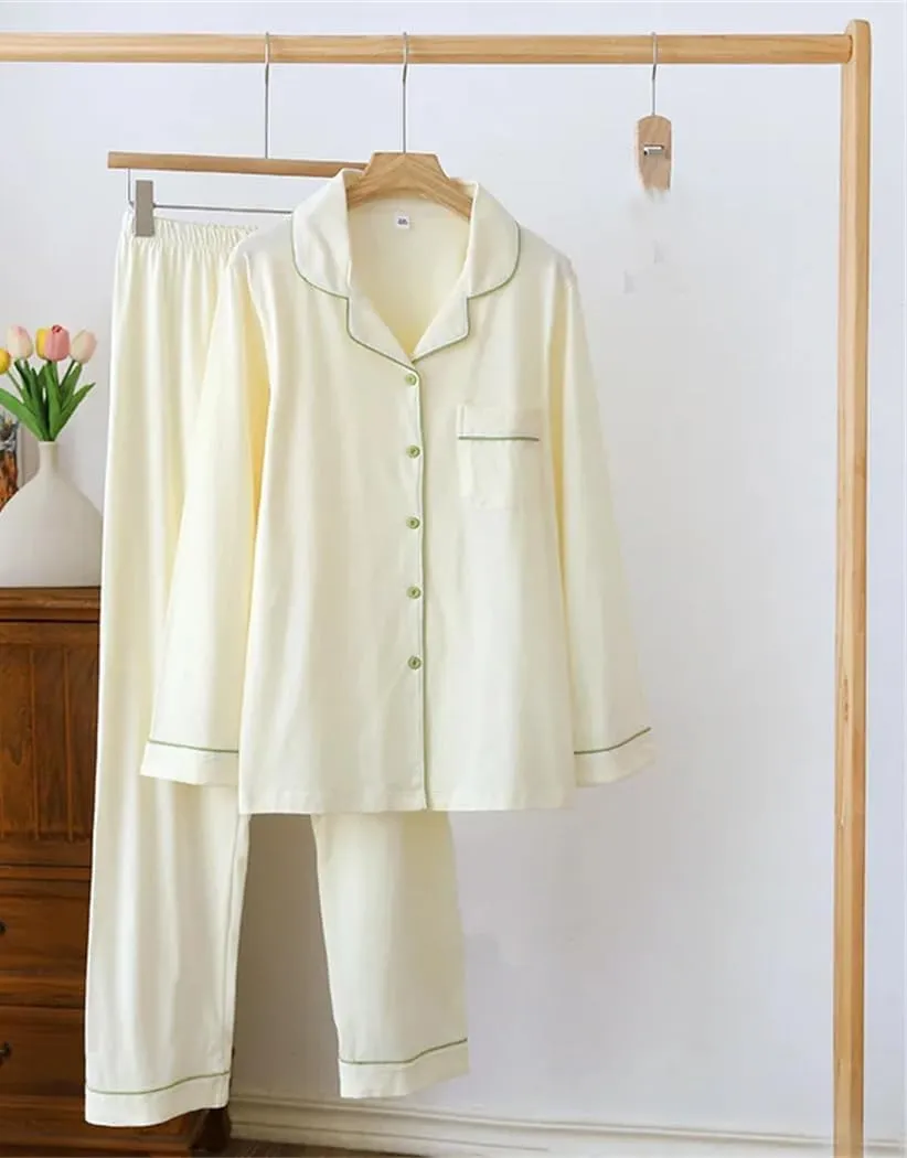 Women's Long Sleeve Cotton Knitted Pajama Set Solid Color Spring Summer Two Piece Home