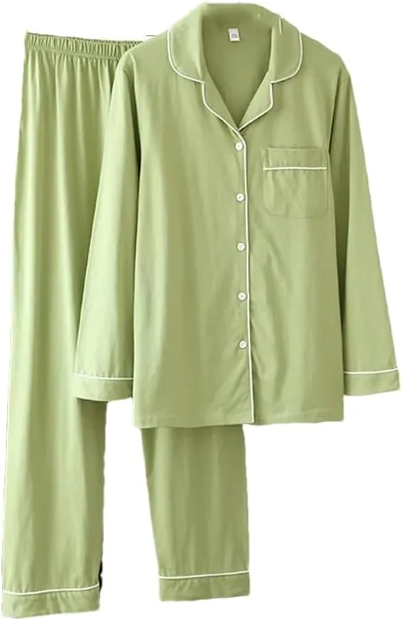 Women's Long Sleeve Cotton Knitted Pajama Set Solid Color Spring Summer Two Piece Home
