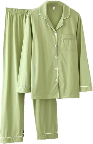 Women's Long Sleeve Cotton Knitted Pajama Set Solid Color Spring Summer Two Piece Home