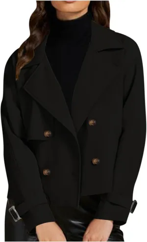 Womens Long Sleeve Crop Trench Coat Lapel Double Breasted Loose Casual Jacket with Pockets Classic Elegant Coats