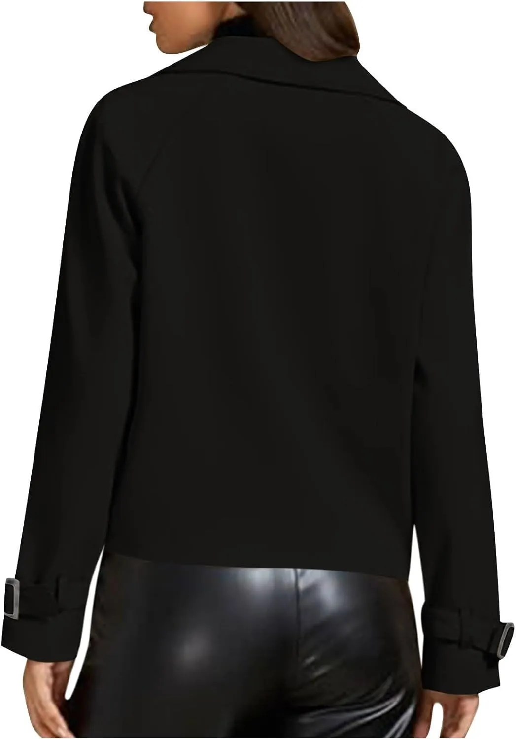 Womens Long Sleeve Crop Trench Coat Lapel Double Breasted Loose Casual Jacket with Pockets Classic Elegant Coats