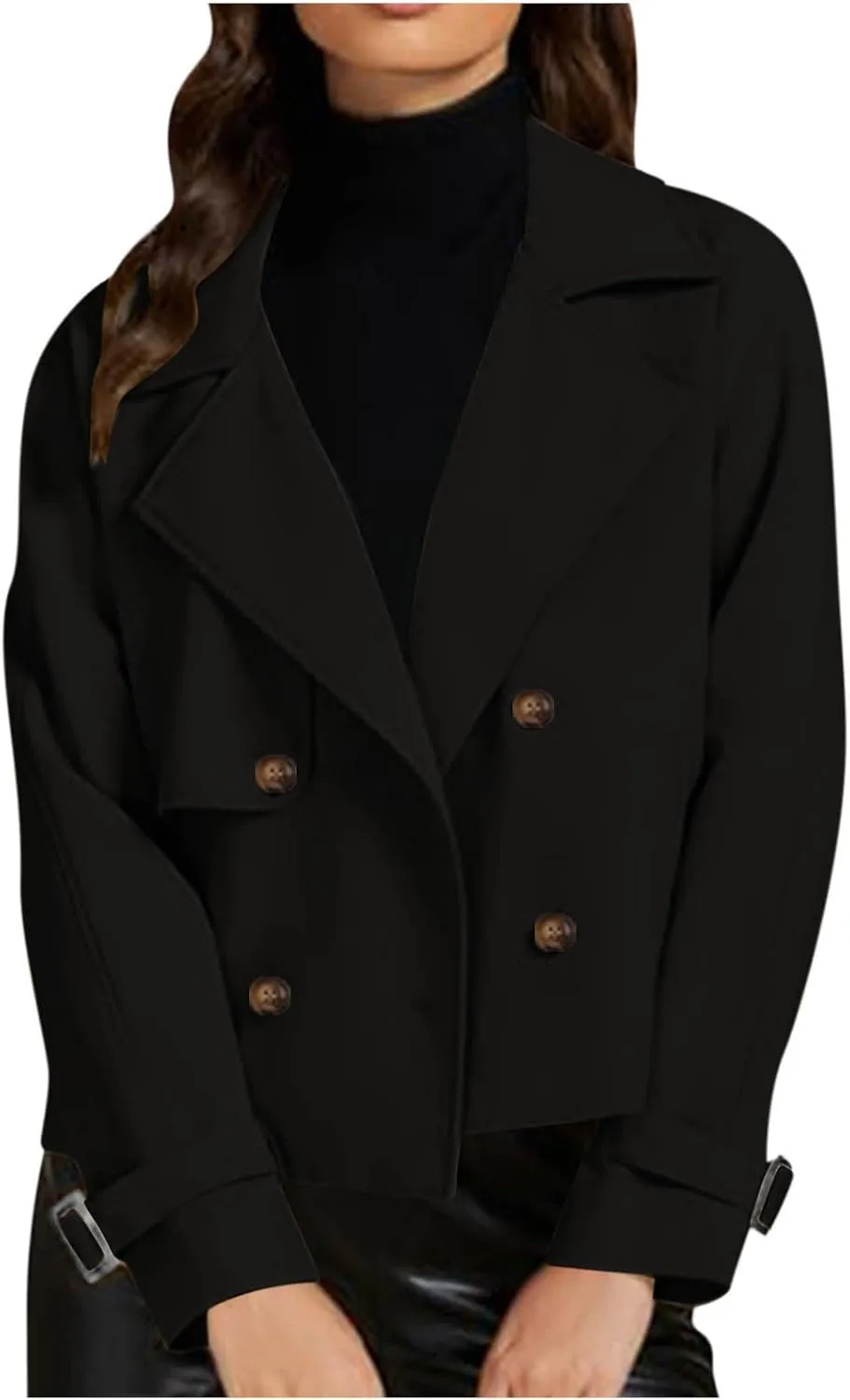 Womens Long Sleeve Crop Trench Coat Lapel Double Breasted Loose Casual Jacket with Pockets Classic Elegant Coats