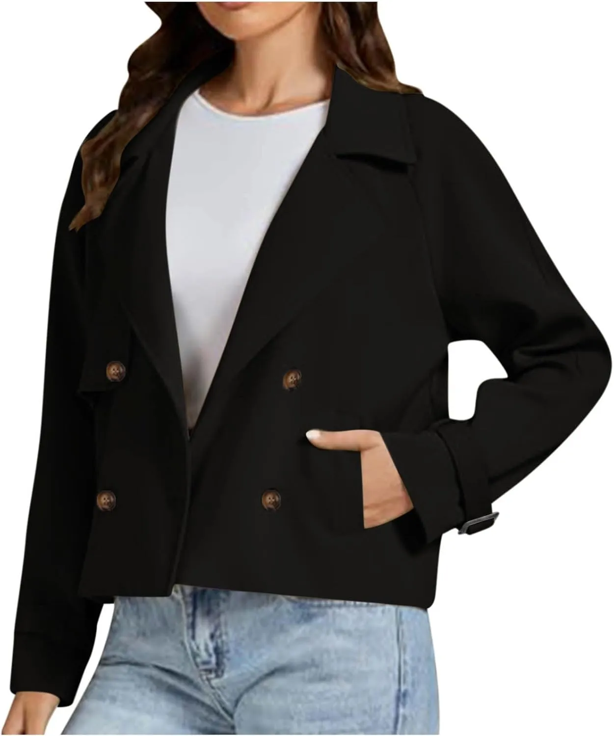 Womens Long Sleeve Crop Trench Coat Lapel Double Breasted Loose Casual Jacket with Pockets Classic Elegant Coats