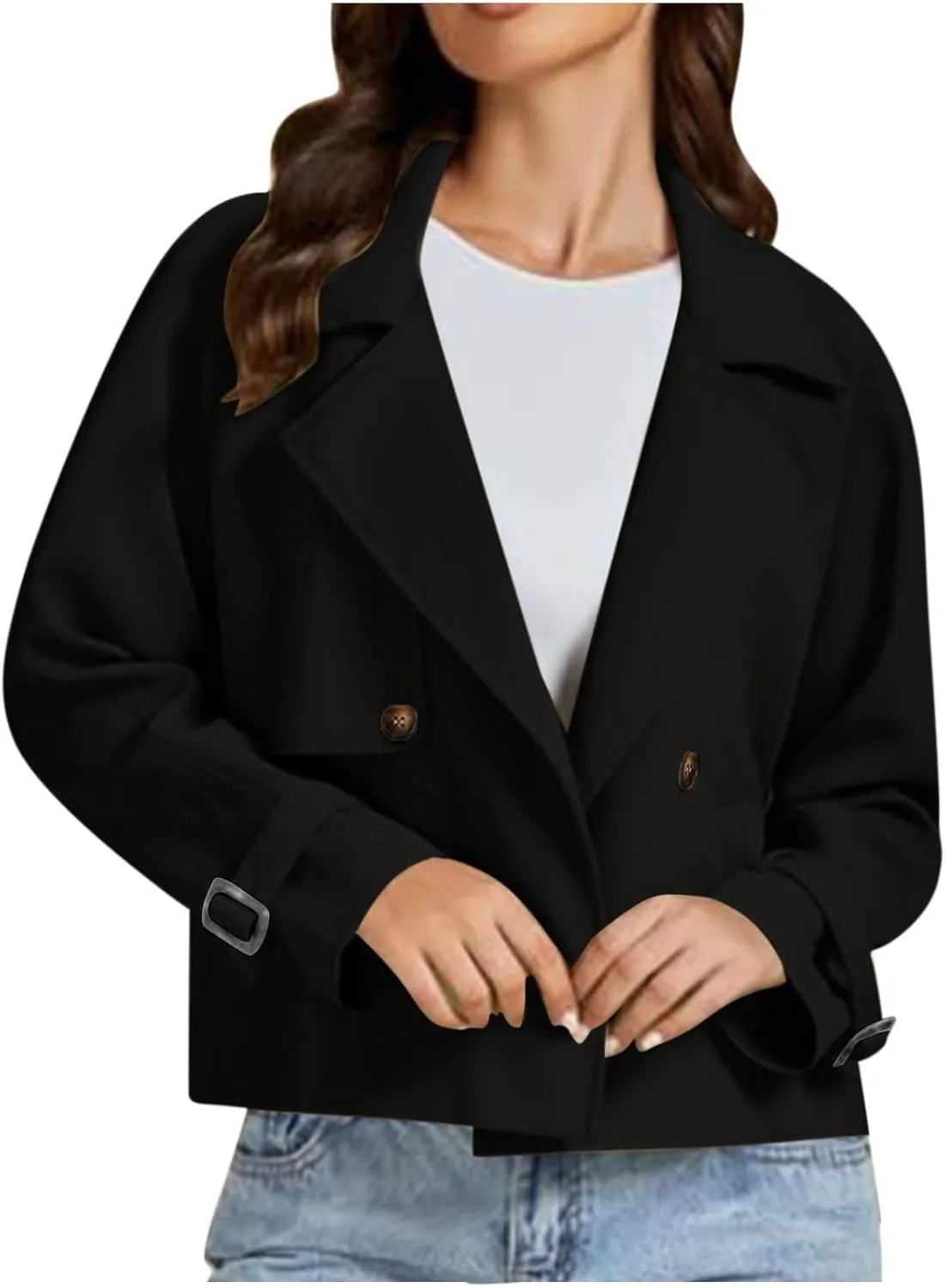 Womens Long Sleeve Crop Trench Coat Lapel Double Breasted Loose Casual Jacket with Pockets Classic Elegant Coats