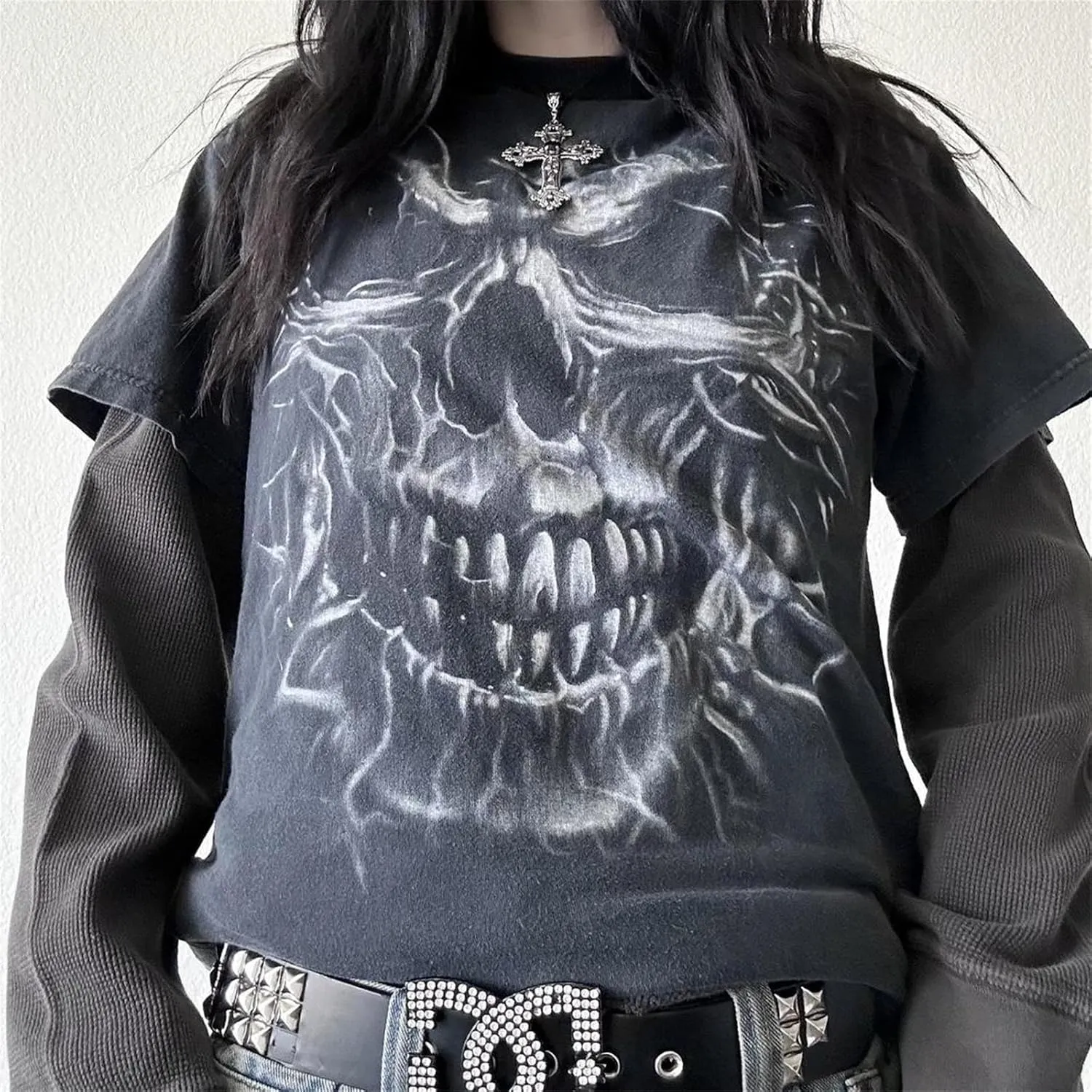 Womens Long Sleeve Fairy Grunge Tees Shirt Vintage Goth Skull Graphic Print Tops 90s Emo Aesthetic Clothes