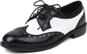 Women's Multicolor Oxford Shoes Lace Up Wingtip Vintage Closed Toe Brogue Comfortable Dress Low Heel Round Toe Flat Pumps