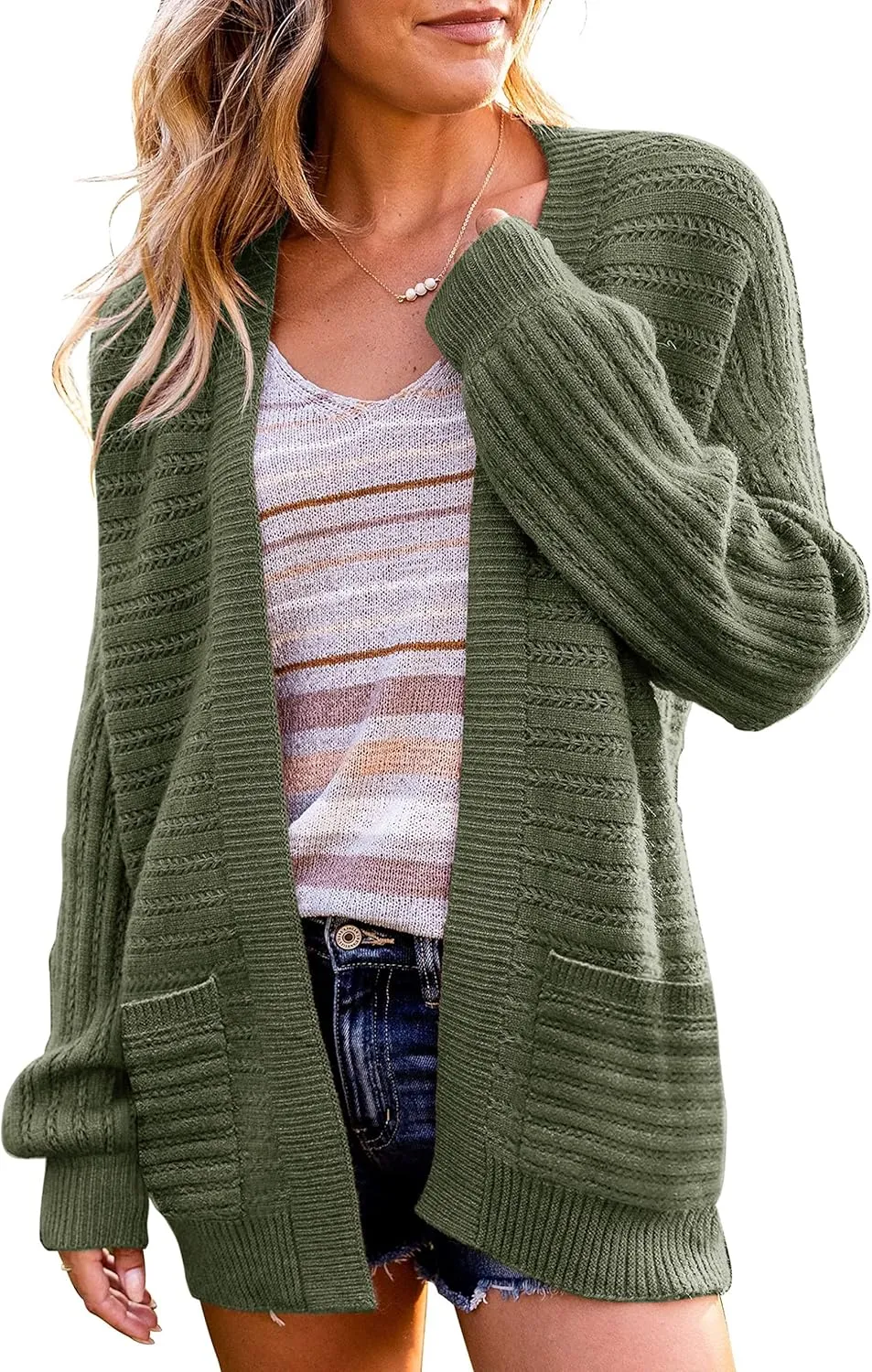 Women's Oversized Cable Knit Cardigan Puff Long Sleeve Chunky Open Front Sweater Outwear with Pockets
