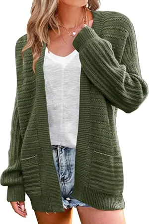 Women's Oversized Cable Knit Cardigan Puff Long Sleeve Chunky Open Front Sweater Outwear with Pockets