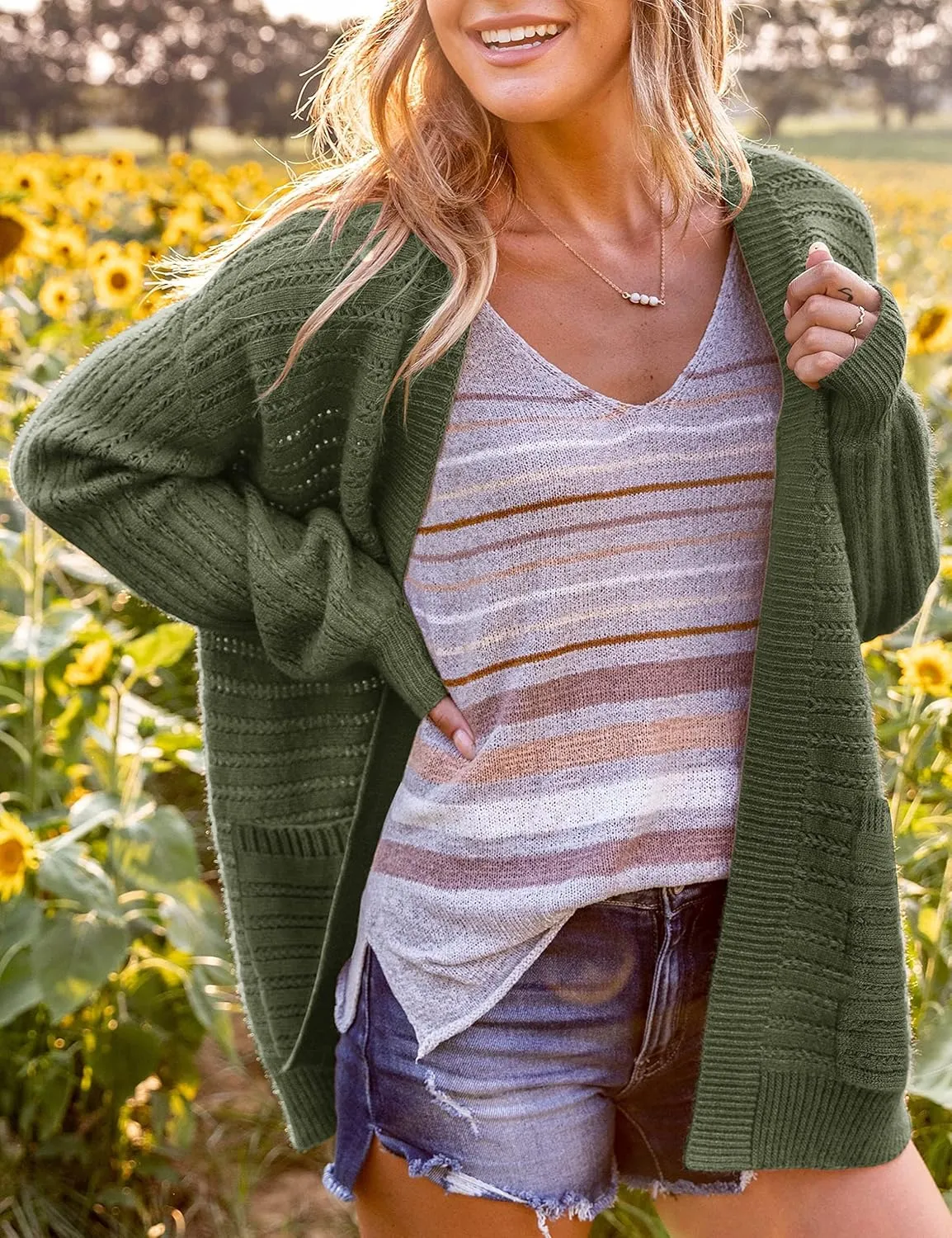 Women's Oversized Cable Knit Cardigan Puff Long Sleeve Chunky Open Front Sweater Outwear with Pockets