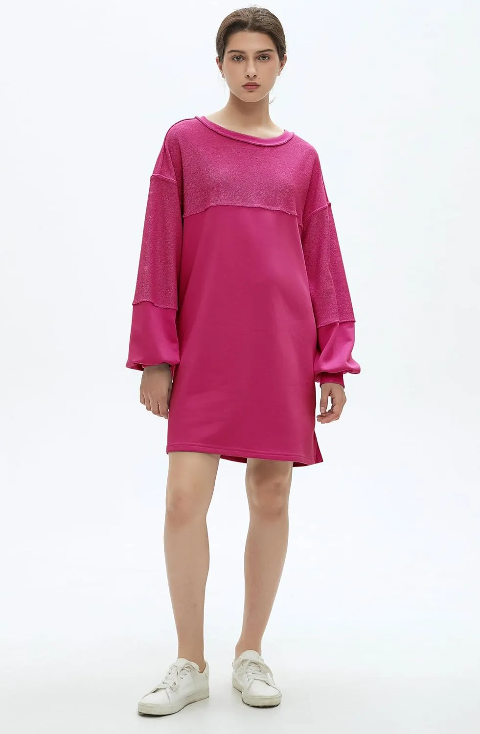 Womens Oversized Sweatshirt Dress Crewneck Long Sleeve Patchwork Pullover Casual Loose Mini Dresses