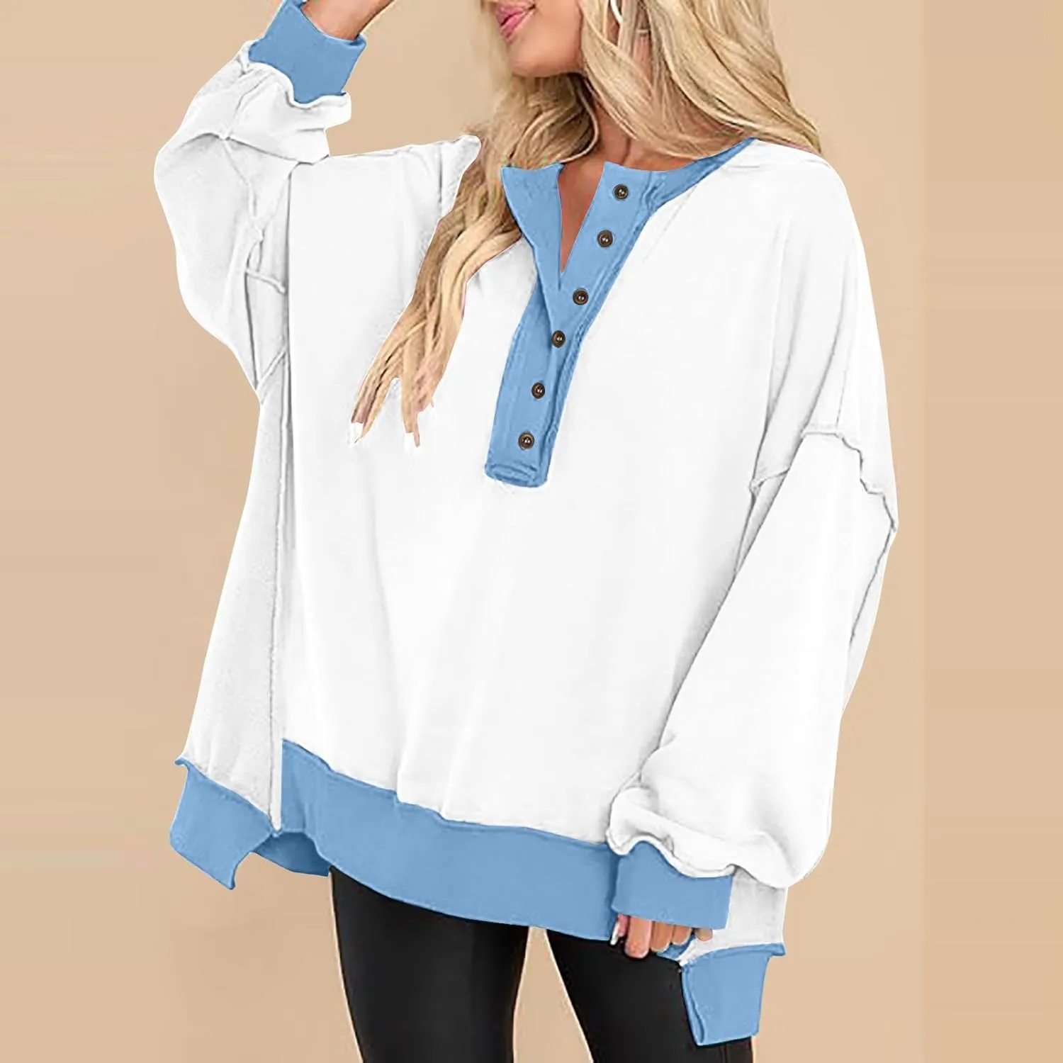 Women's Oversized Sweatshirts Long Sleeve Henley Button Down Pullover Hoodies Tunic Tops 2024 Trendy Fall Clothes