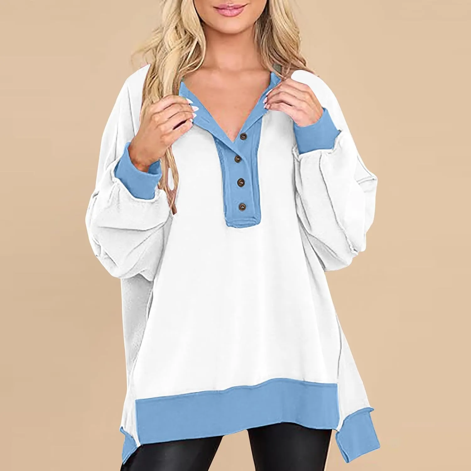 Women's Oversized Sweatshirts Long Sleeve Henley Button Down Pullover Hoodies Tunic Tops 2024 Trendy Fall Clothes