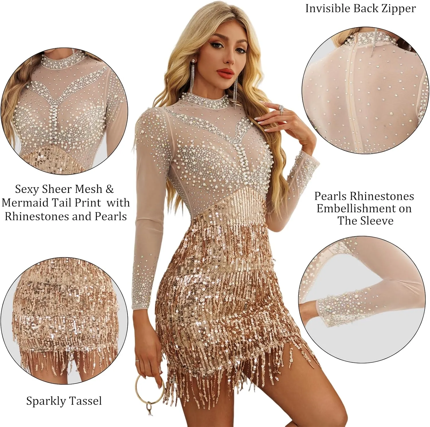 Women's Sexy Birthday Club Mini Dress with Pearls Rhinestones Sparkly Dresses