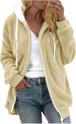 Womens Sherpa Jacket Oversized Fleece Jacket Teddy Bear Coat with Pockets Casual Open Front Hooded Fuzzy Cardigan