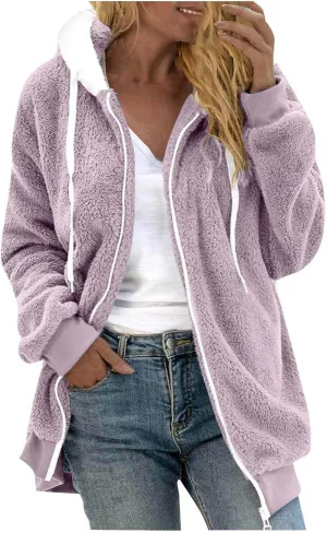 Womens Sherpa Jacket Oversized Fleece Jacket Teddy Bear Coat with Pockets Casual Open Front Hooded Fuzzy Cardigan