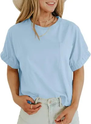 Women's Short Sleeve T Shirts Crewneck Summer Cropped Top Casual Basic Tees with Pocket