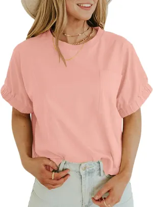 Women's Short Sleeve T Shirts Crewneck Summer Cropped Top Casual Basic Tees with Pocket
