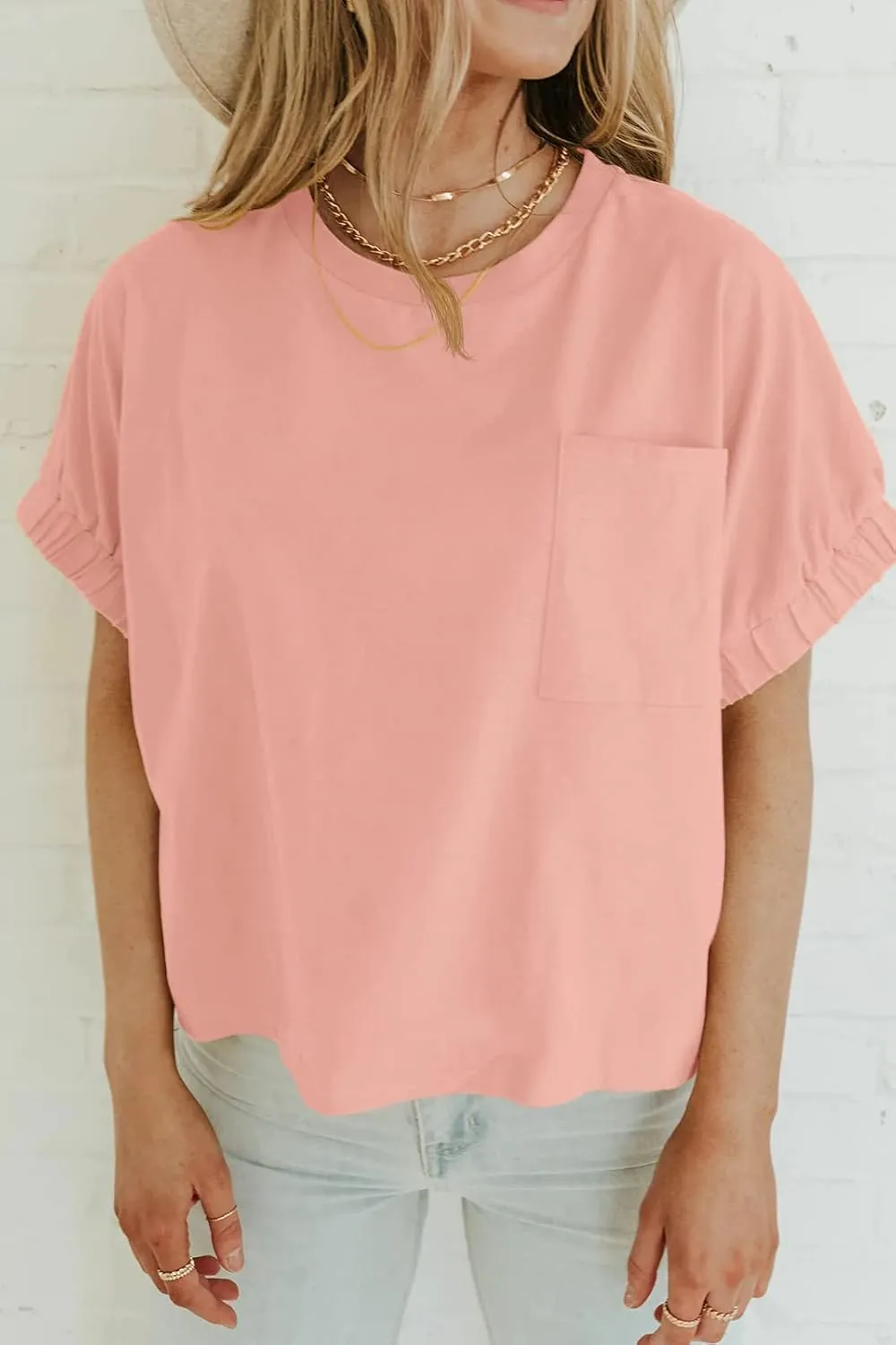 Women's Short Sleeve T Shirts Crewneck Summer Cropped Top Casual Basic Tees with Pocket