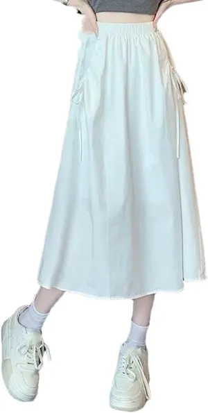Women's Spring Autumn Fashion Drawstring Skirts High Waist A-Line Elastic Solid Color Midi Skirt