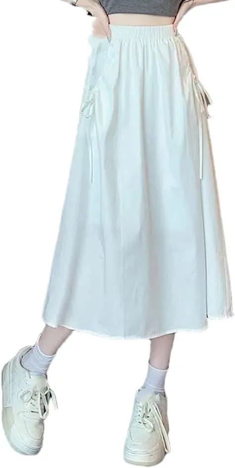 Women's Spring Autumn Fashion Drawstring Skirts High Waist A-Line Elastic Solid Color Midi Skirt