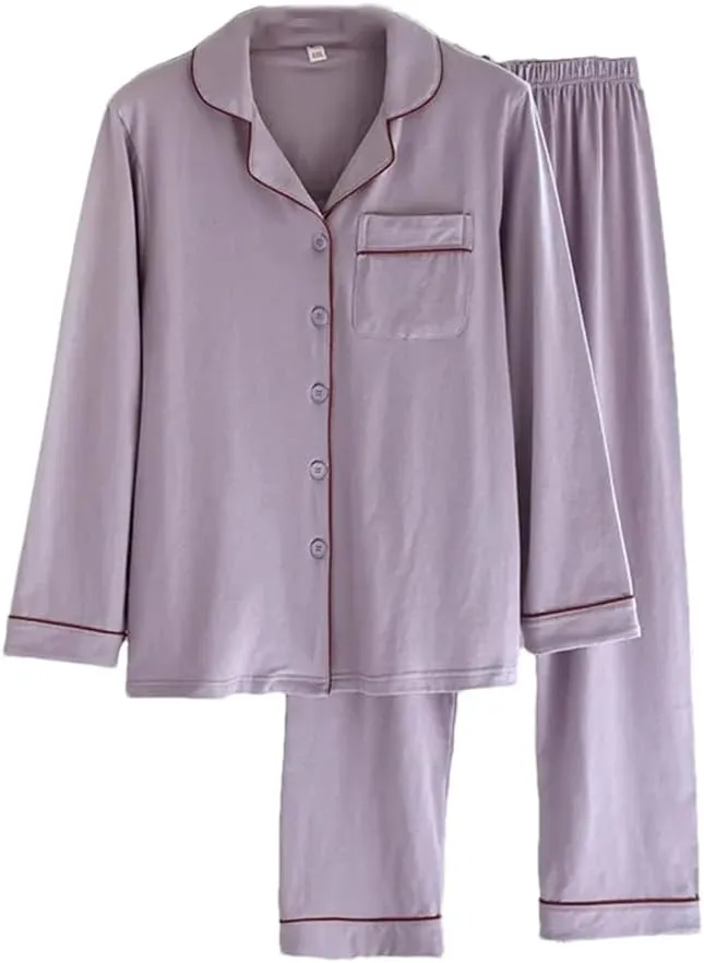 Women's Spring Autumn Knitted Cotton Pajama Set Long Sleeve Top TrousersThin Sleepwear Homewear Suit