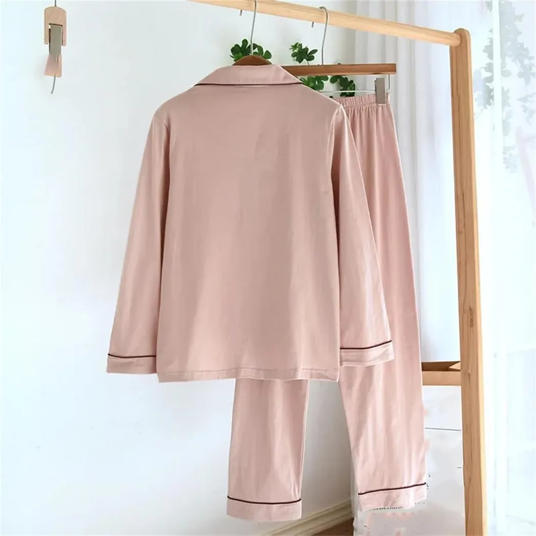 Women's Spring Autumn Knitted Cotton Pajama Set Long Sleeve Top TrousersThin Sleepwear Homewear Suit