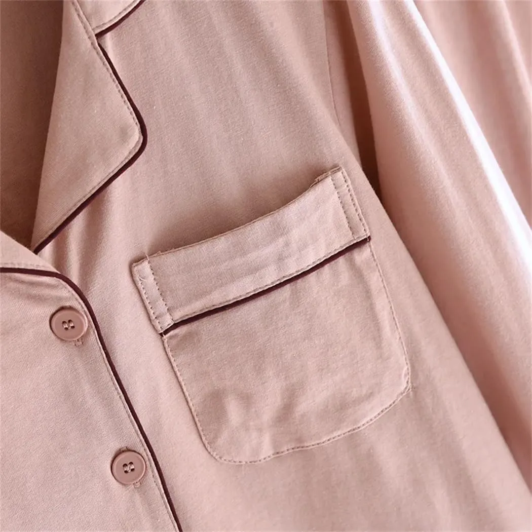 Women's Spring Autumn Knitted Cotton Pajama Set Long Sleeve Top TrousersThin Sleepwear Homewear Suit
