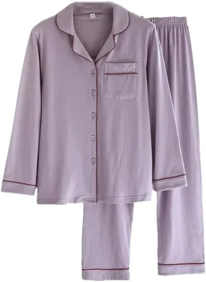 Women's Spring Autumn Knitted Cotton Pajama Set Long Sleeve Top TrousersThin Sleepwear Homewear Suit