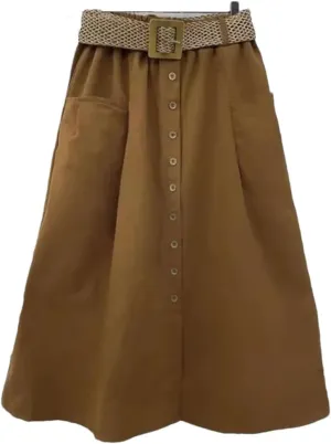 Women's Spring Autumn Skirt Solid Pockets Elasticity High Waist Belt A-Line Fashion Big Swing Skirts