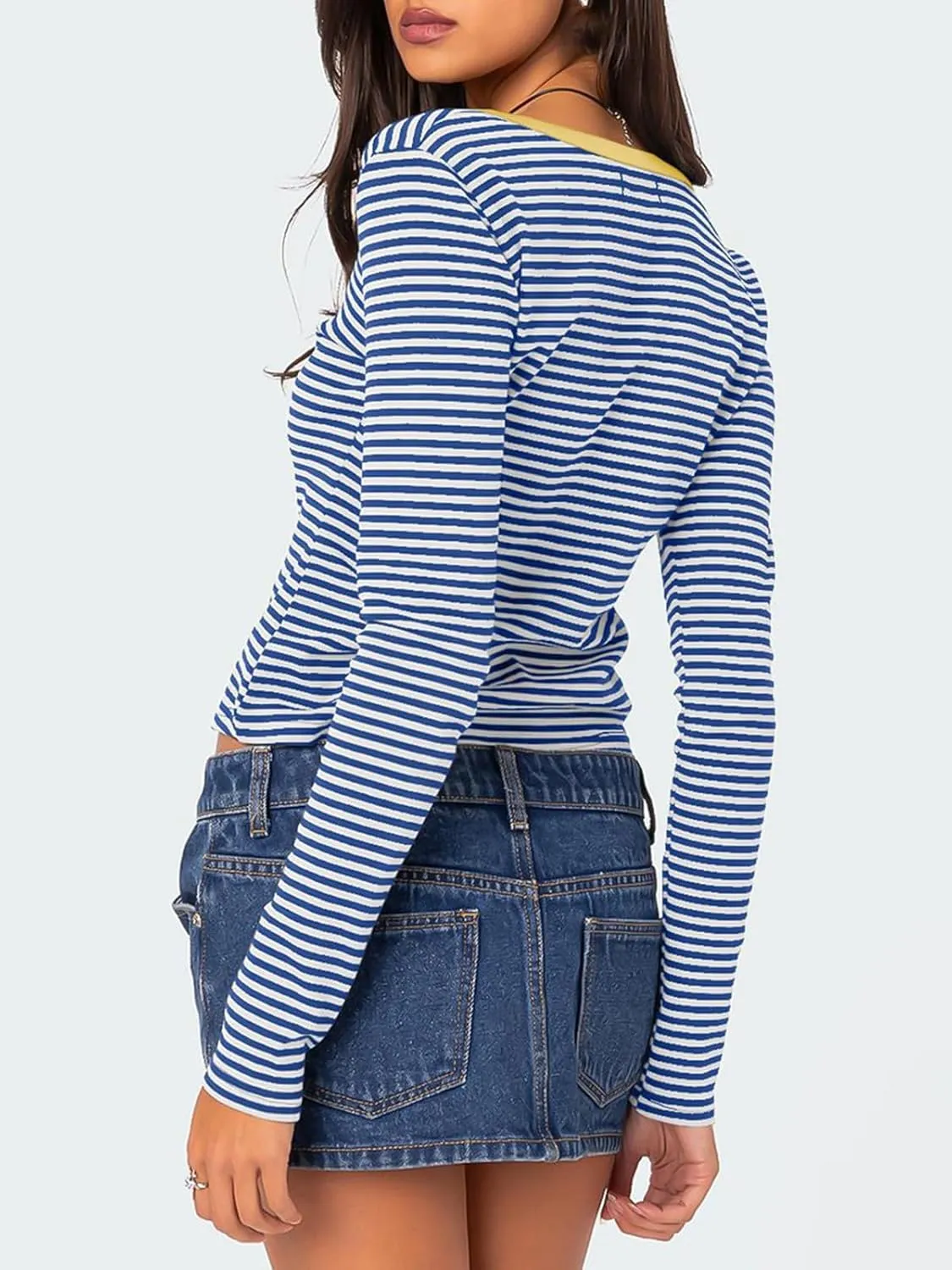 Womens Striped Color Block Tops V Neck Long Sleeve Slim Fit Crop Pullover Fashion Y2K Fall Tunic Tops