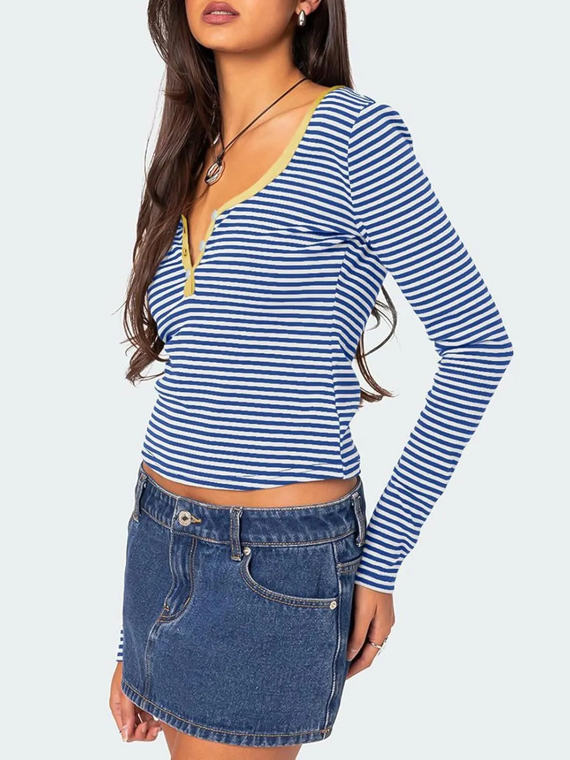 Womens Striped Color Block Tops V Neck Long Sleeve Slim Fit Crop Pullover Fashion Y2K Fall Tunic Tops