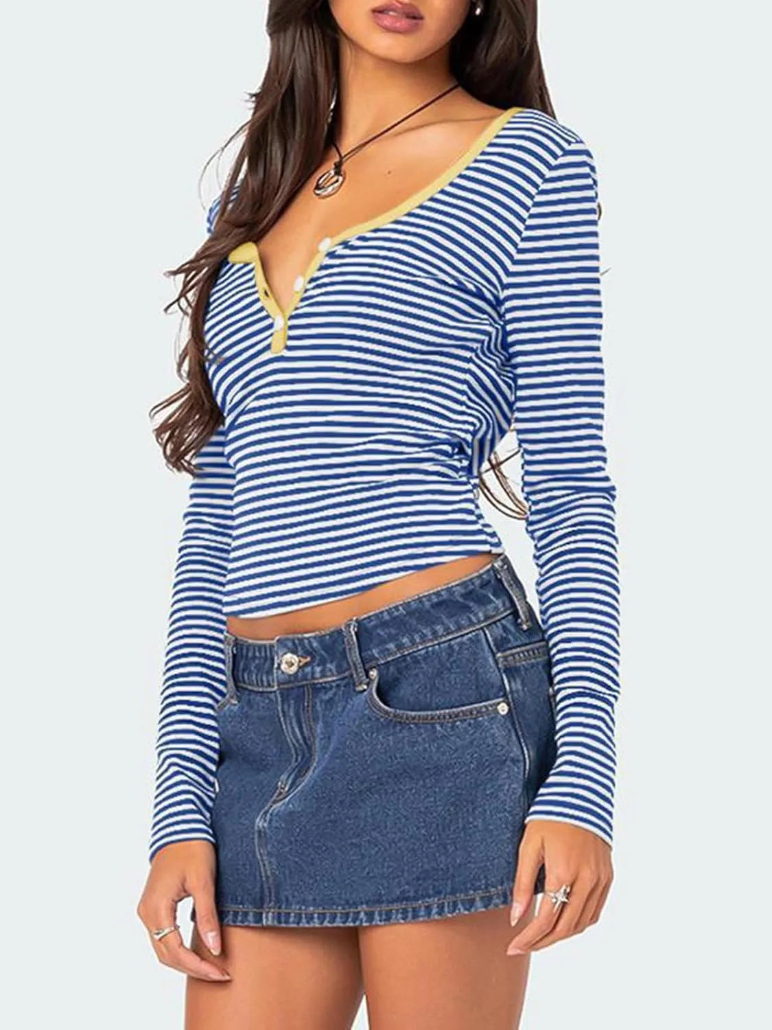 Womens Striped Color Block Tops V Neck Long Sleeve Slim Fit Crop Pullover Fashion Y2K Fall Tunic Tops