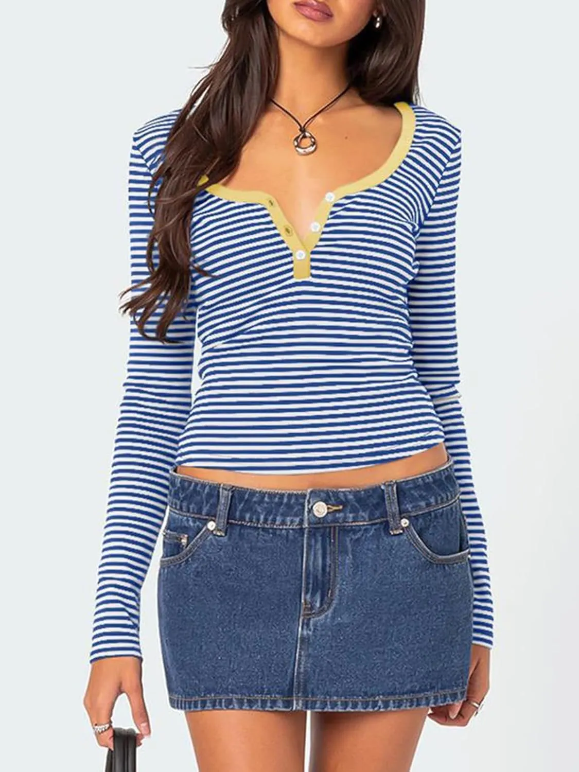 Womens Striped Color Block Tops V Neck Long Sleeve Slim Fit Crop Pullover Fashion Y2K Fall Tunic Tops