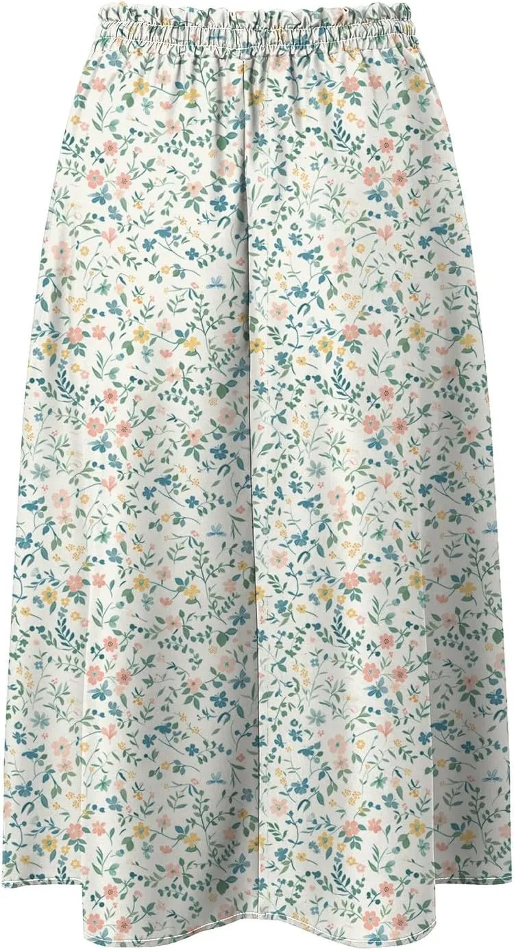 Women's Summer Boho Flowy Midi Skirt Casual Elastic High Waist Tiered Long Skirts with Pockets